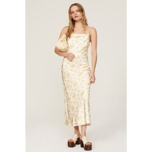 Holzweiler Eila Cream Yellow Floral Print Satin Midi Slip Dress Size L